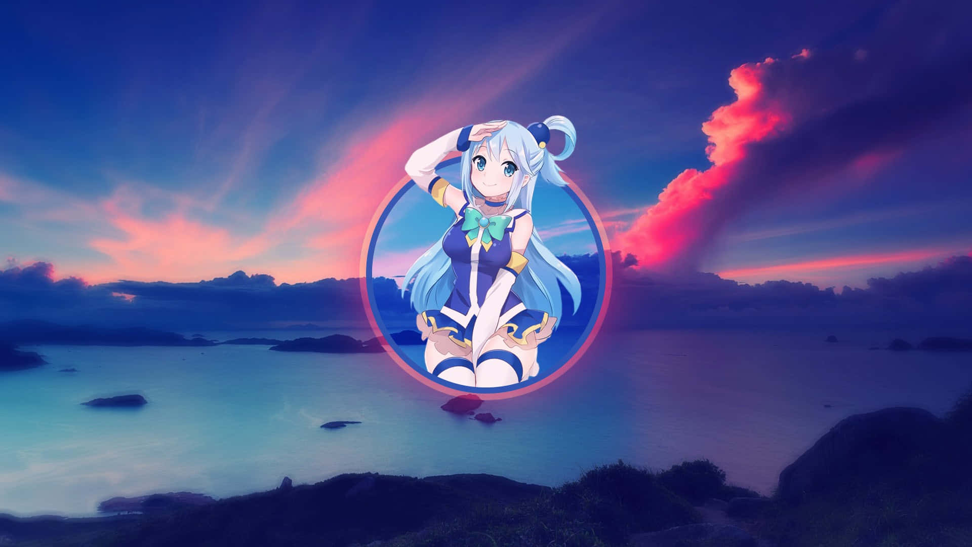 Aqua Anime Character Sunset Backdrop Wallpaper