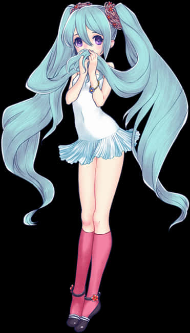 Aqua Haired Anime Girlin White Dress PNG