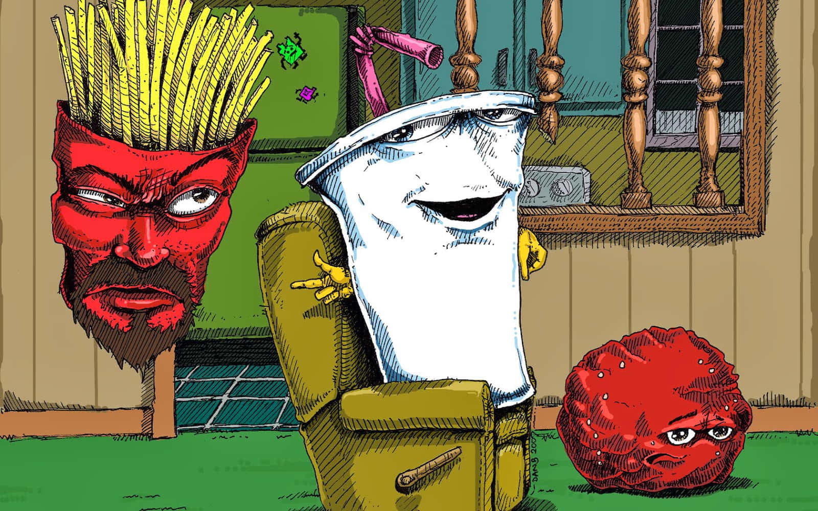 The zany trio of Aqua Teen Hunger Force in their iconic setting