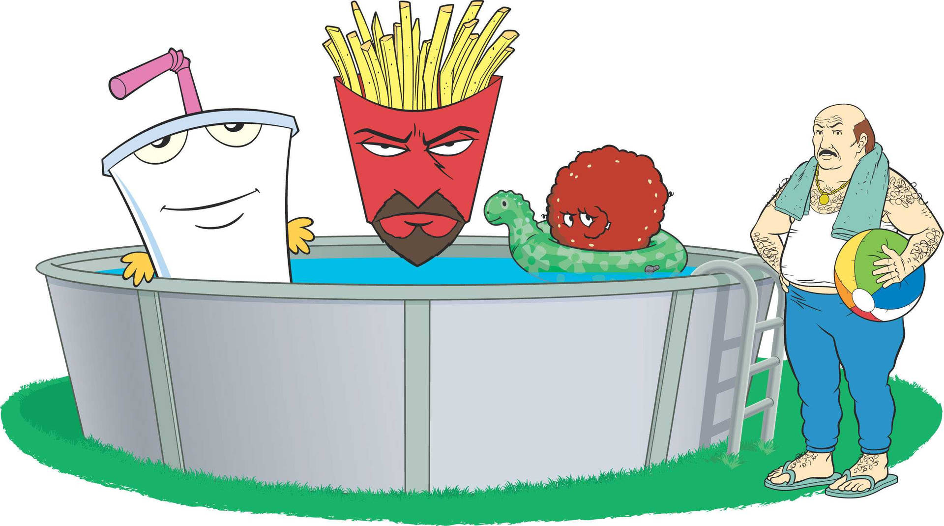 Caption: Aqua Teen Hunger Force Having Fun by the Pool Side with Carl Wallpaper