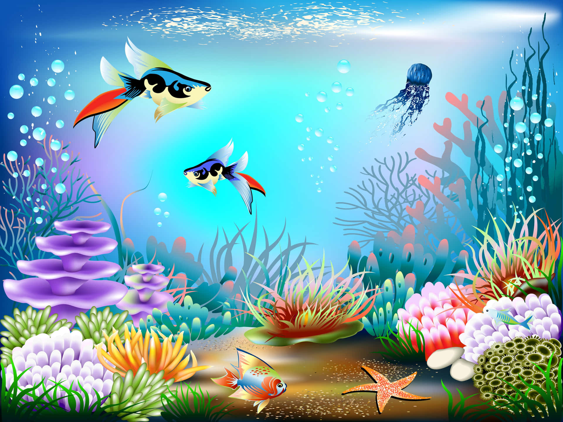 A colorful aquarium filled with vibrant fish