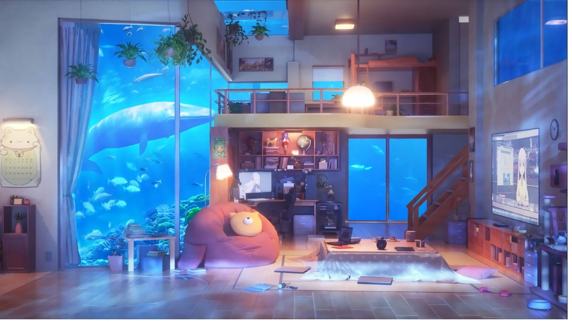 Aquarium Anime Room Wallpaper