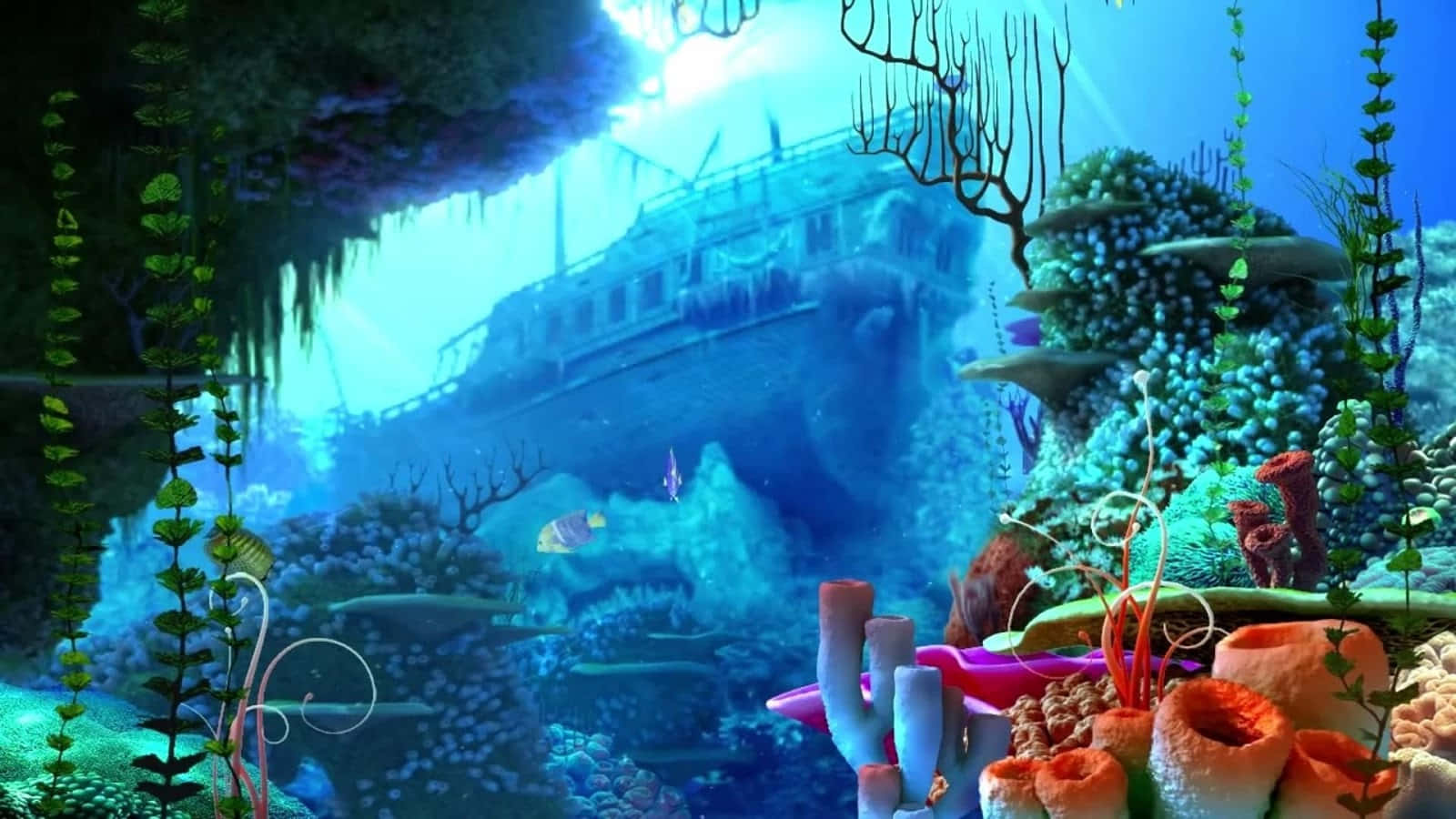 A Ship Is In The Ocean With Corals And Fish Wallpaper