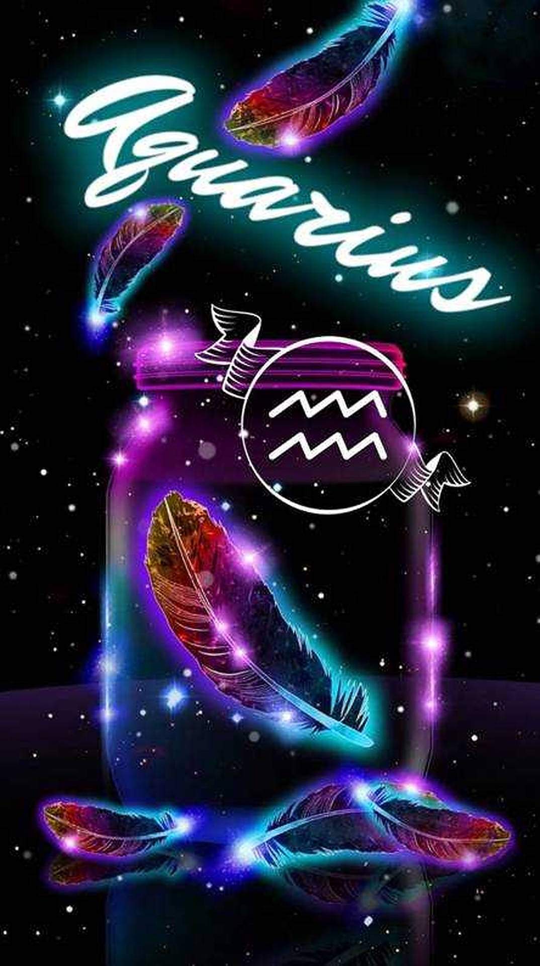 Aquarius Zodiac Neon Feathers Wallpaper