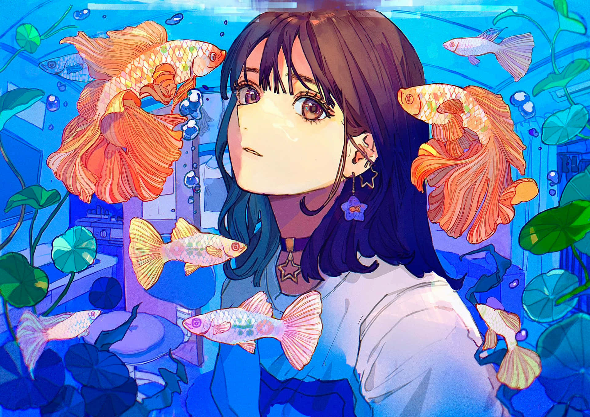 Aquatic Dreams Anime Girl With Goldfish.jpg Wallpaper. 