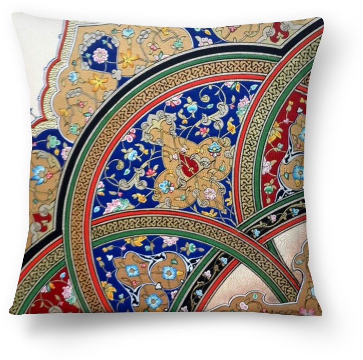 Arabesque Pattern Cushion Design PNG — A decorative pillow showcases intricate Islamic geometric and floral patterns in rich blue red and gold against a cream background.