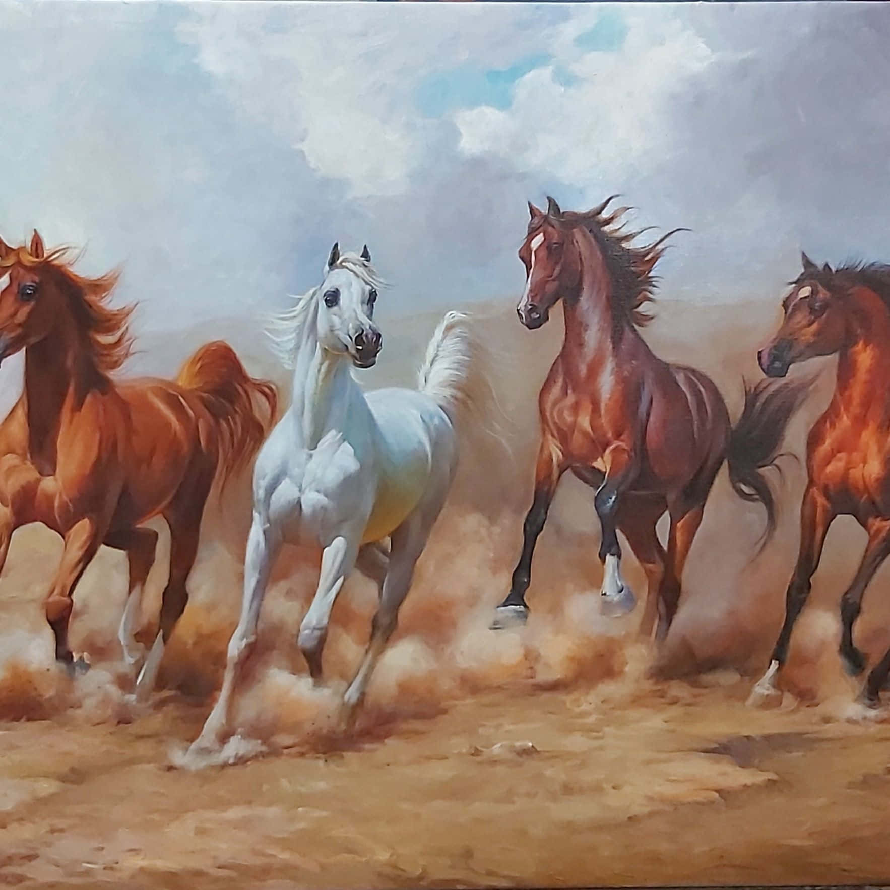 A Painting Of Horses Running In The Desert