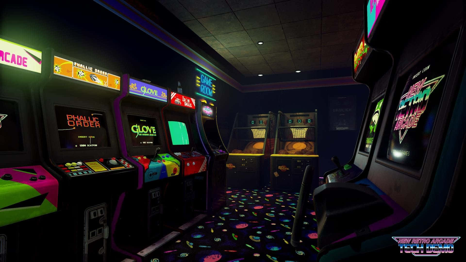 A Room With Many Arcade Machines And Neon Lights Wallpaper