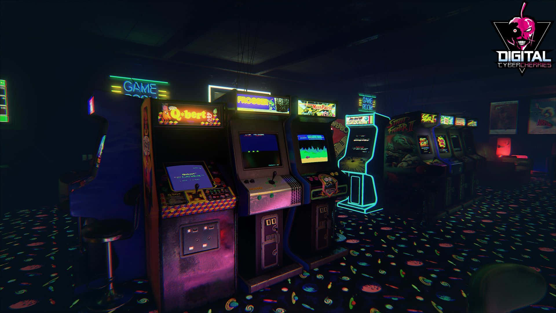 A Room With Several Arcade Machines And Neon Lights Wallpaper