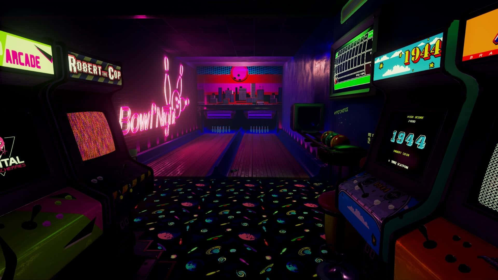 A Neon Lit Arcade Room With Several Arcade Machines Wallpaper