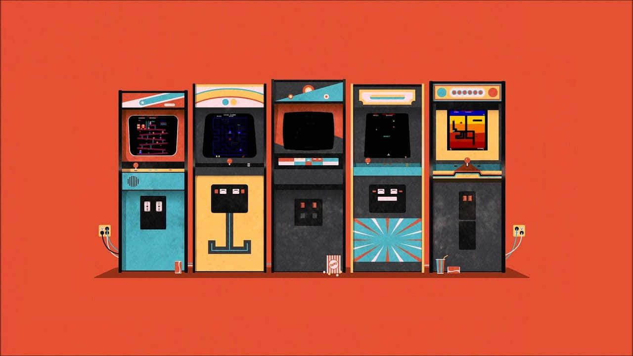 Einegruppe Von Retro-videospielautomaten Auf Einem Orangefarbenen Hintergrund.