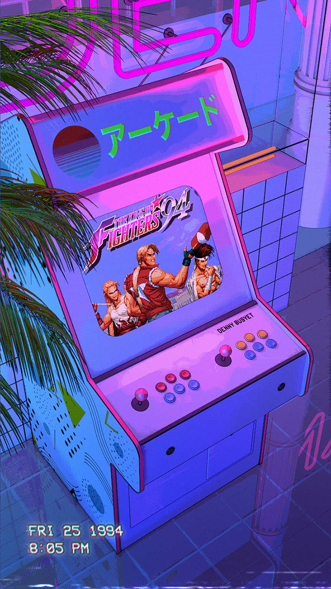 Einneongelber Spielautomat Mit Einer Palme Im Hintergrund.