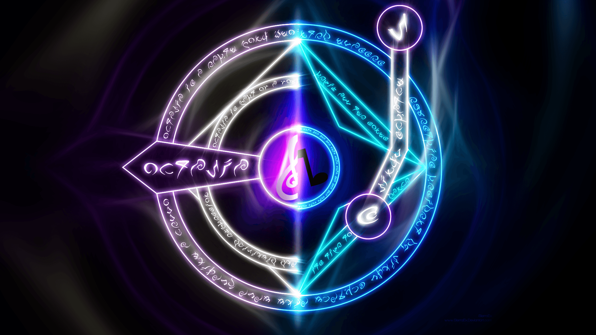 Doldbakgrund Bakgrunder — Ett glödande neonpentagram med glödande runor och symboler strålar energi mot en mörk virvlande bakgrund.