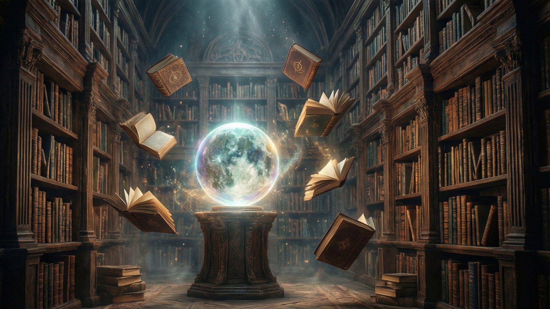 Arkanisk Bibliotek Wallpapers — Flydende bøger fylder et magisk gammelt bibliotek.