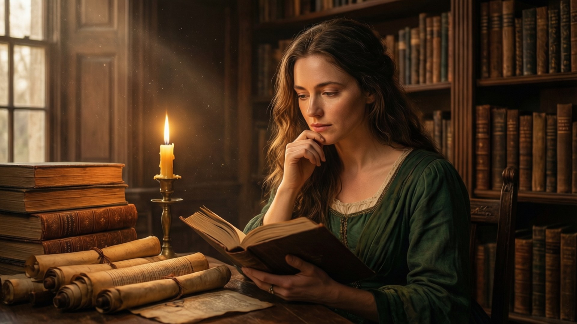 Keira Metz studying magic in a candlelit library.