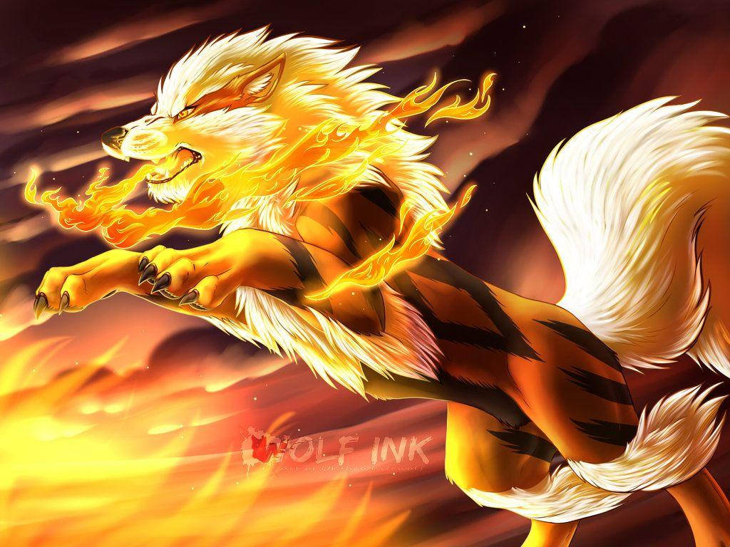 Arcanine Leaping And Breathing Fire Wallpaper
