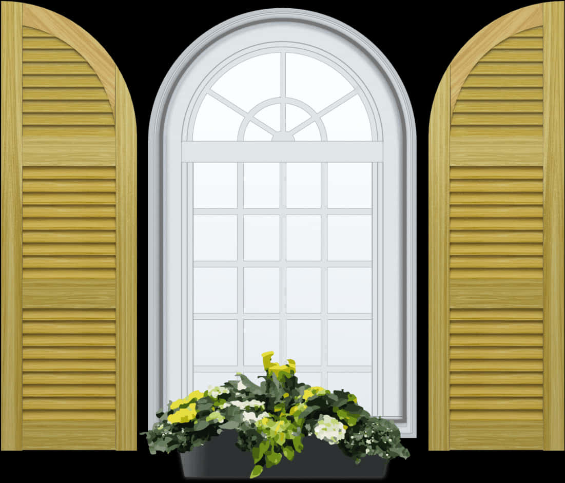Arched Window With Shuttersand Flowers PNG