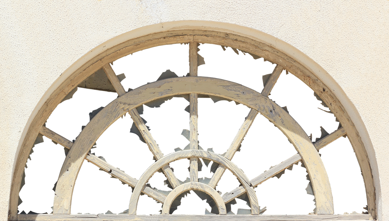 Arched Window With Wooden Wheel Decor PNG