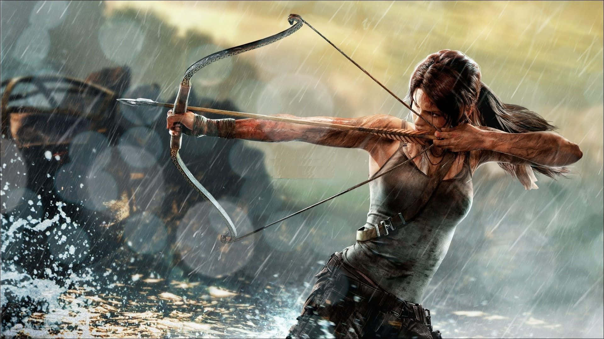 Einefrau Zielt Mit Einem Bogen Im Regen.