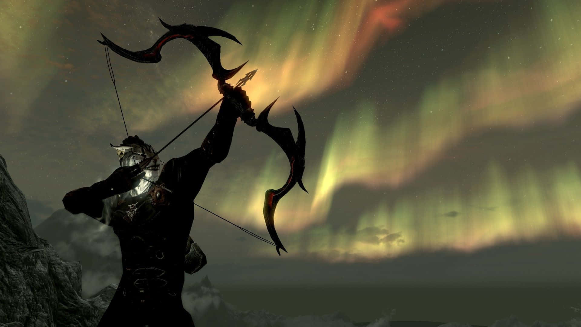 A Man Is Holding A Bow And Arrow In Front Of An Aurora