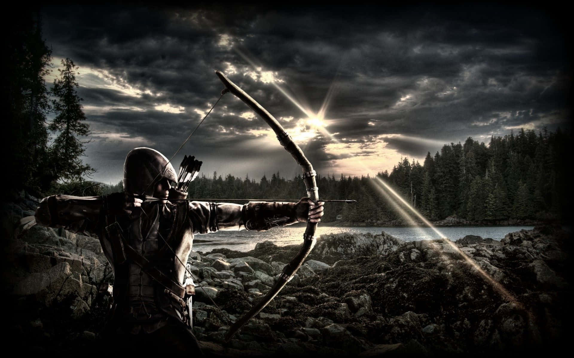 A Man Is Holding A Bow And Arrow In The Sky