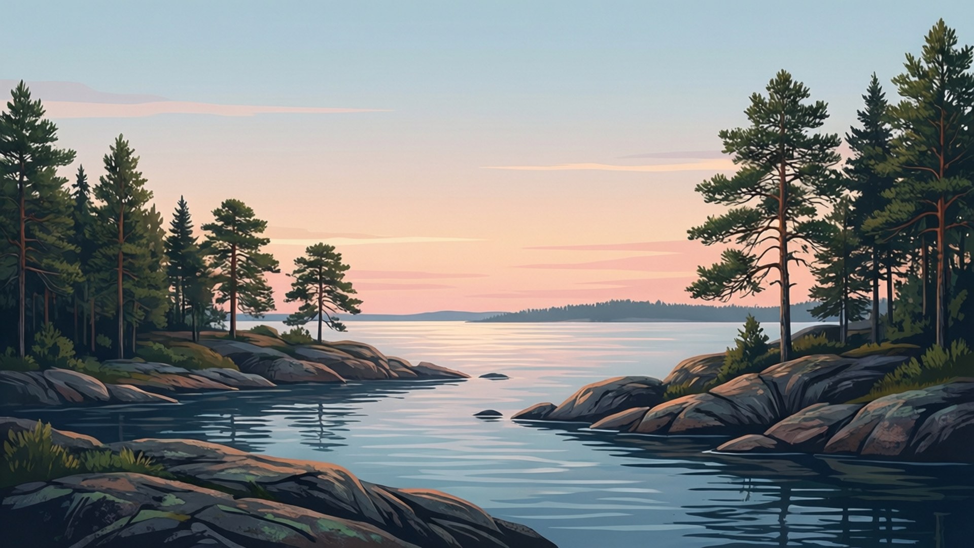 Minimalistisk vektorkunst av Skellefteå skjærgård ved solnedgang.