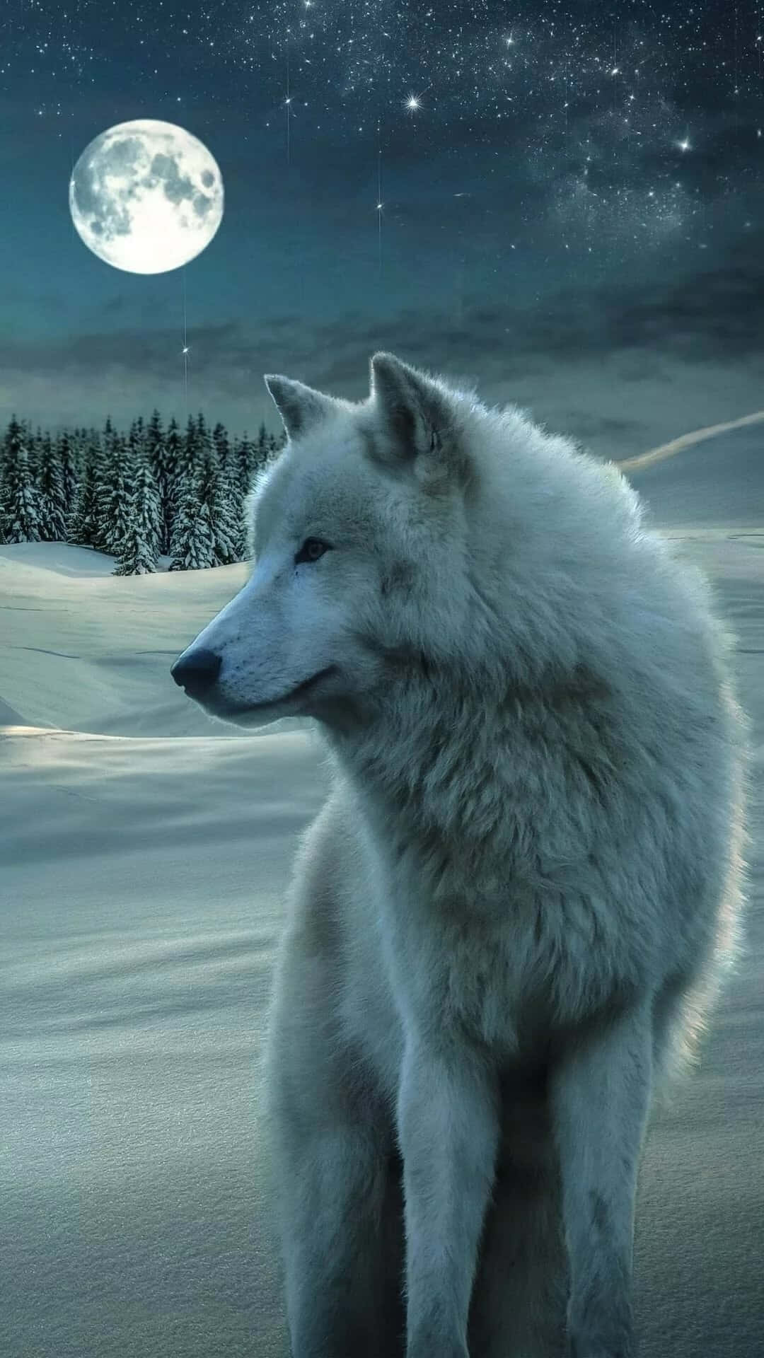 Caption: Majestic Arctic Wolf in a Snowy Landscape Wallpaper