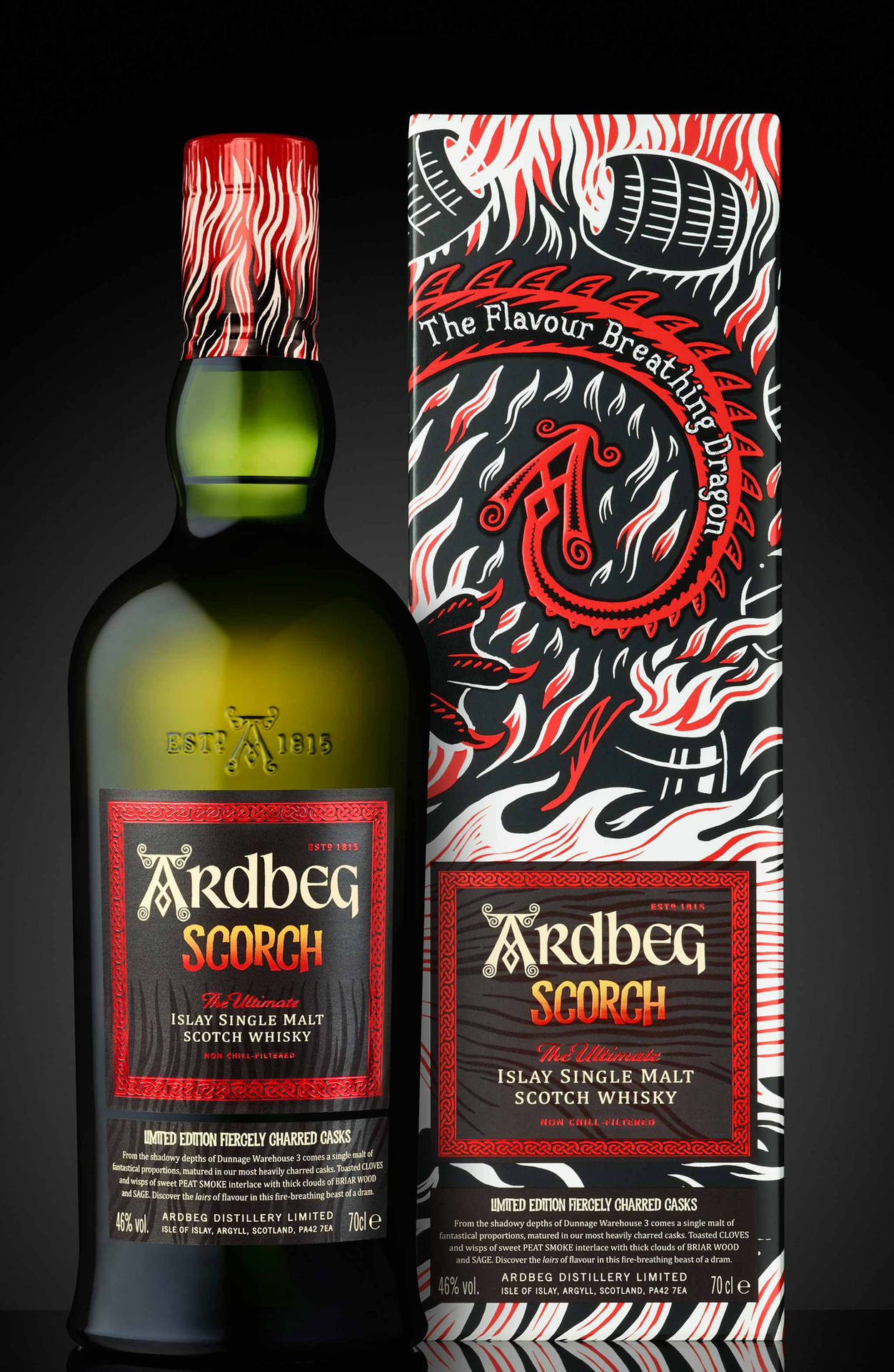 Ardbeg Scorch Whisky Bottle And Box Wallpaper