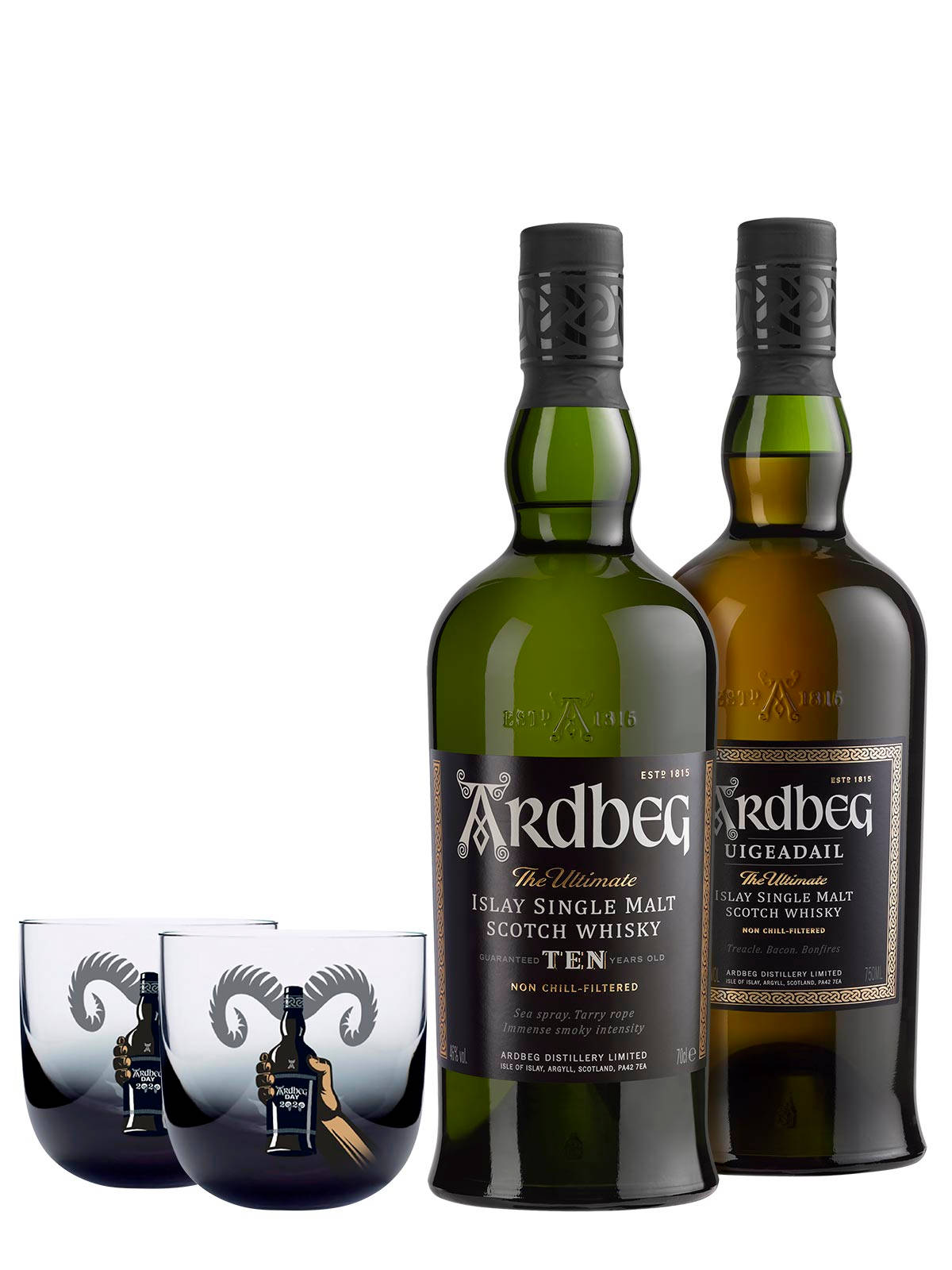 Ardbeg Ten And Uigread Whisky Bottle With Two Shot Glasses Wallpaper