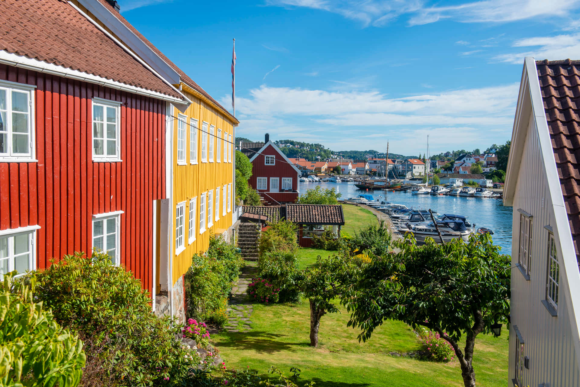 Arendal Norway Colorful Houses Marina View Wallpaper