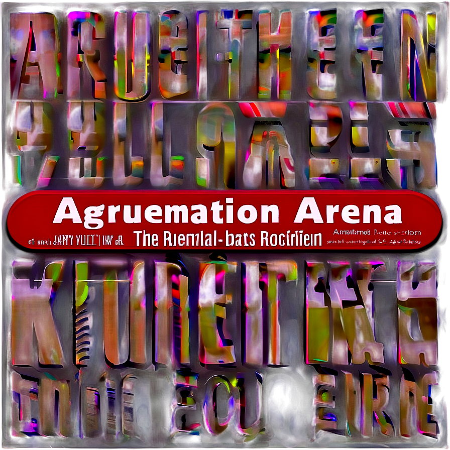 Argumentation Arena Artwork PNG — A vibrant abstract wallpaper with distorted 3D text in rainbow hues and a red banner reading 'Agruemotion Arena'.