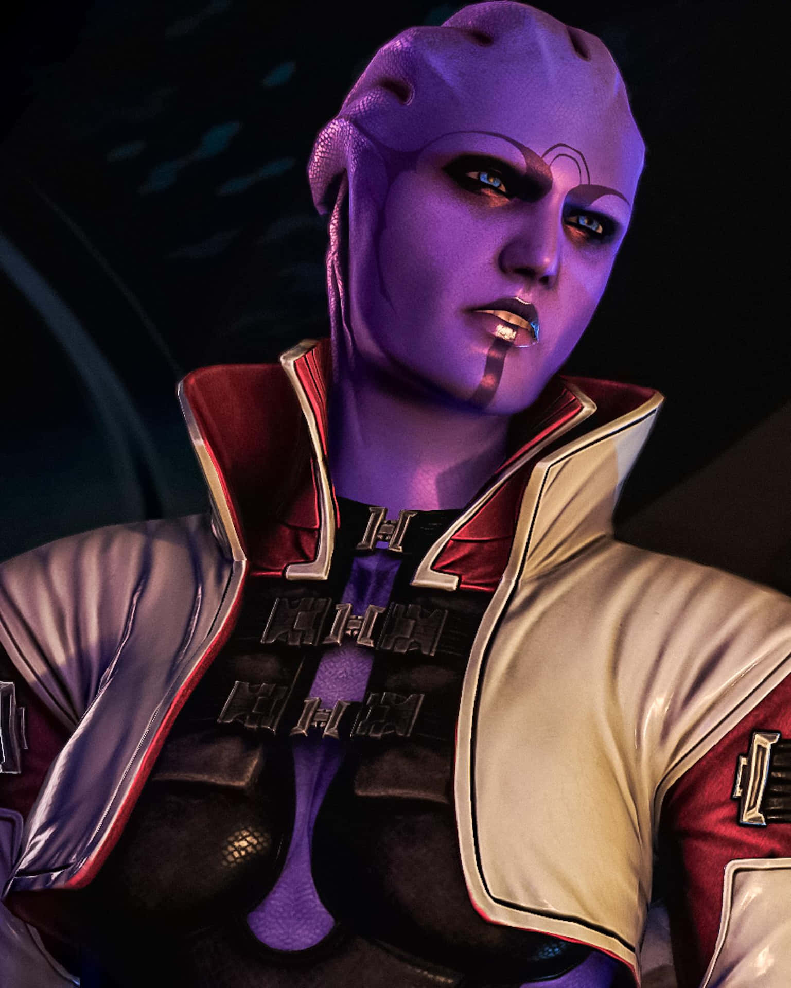 Aria T'Loak, the powerful and feared Asari leader, sits on her throne at the Afterlife Club on Omega. Wallpaper