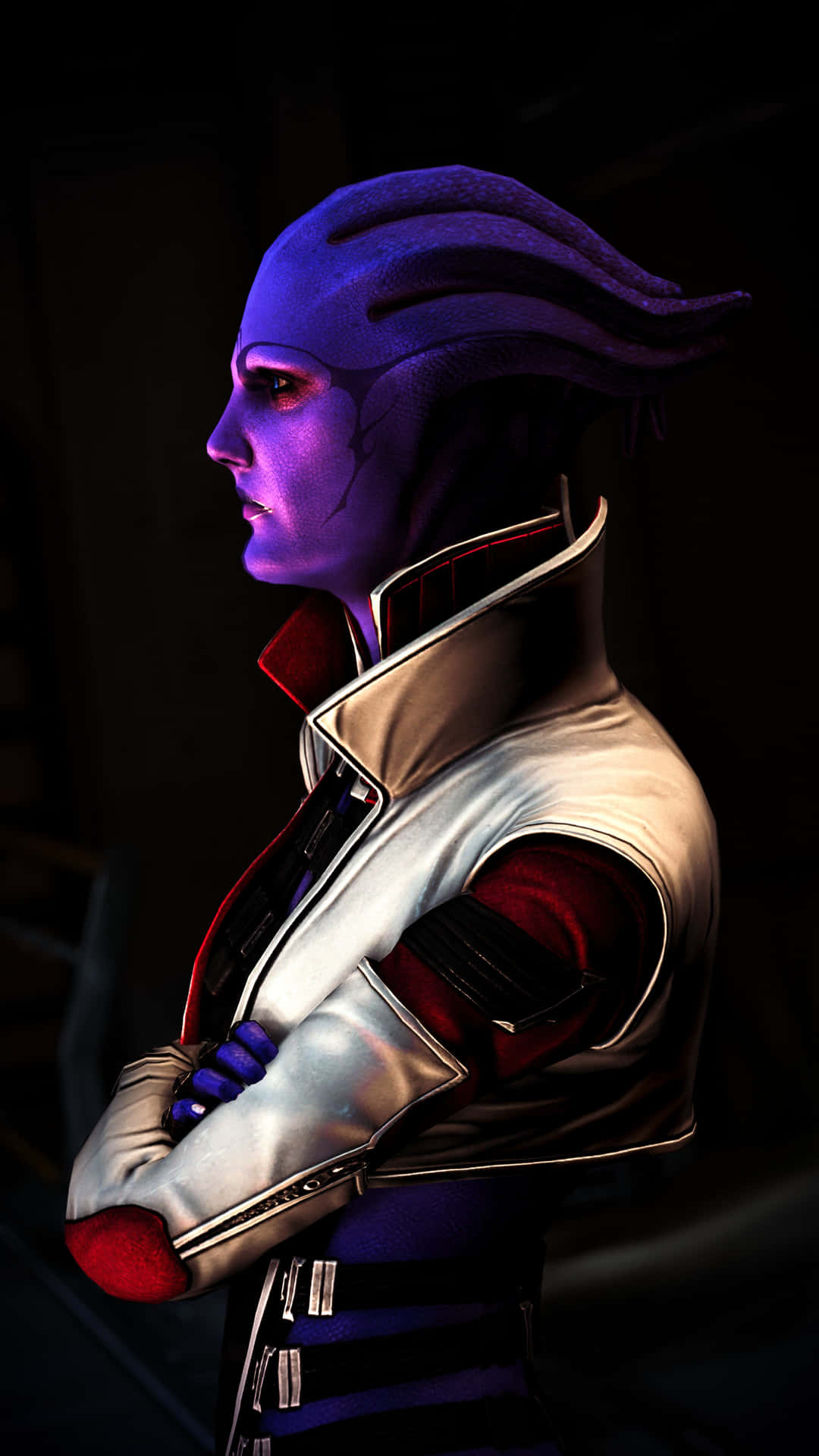Aria T'Loak, the influential crime lord from Mass Effect, posing with determination. Wallpaper