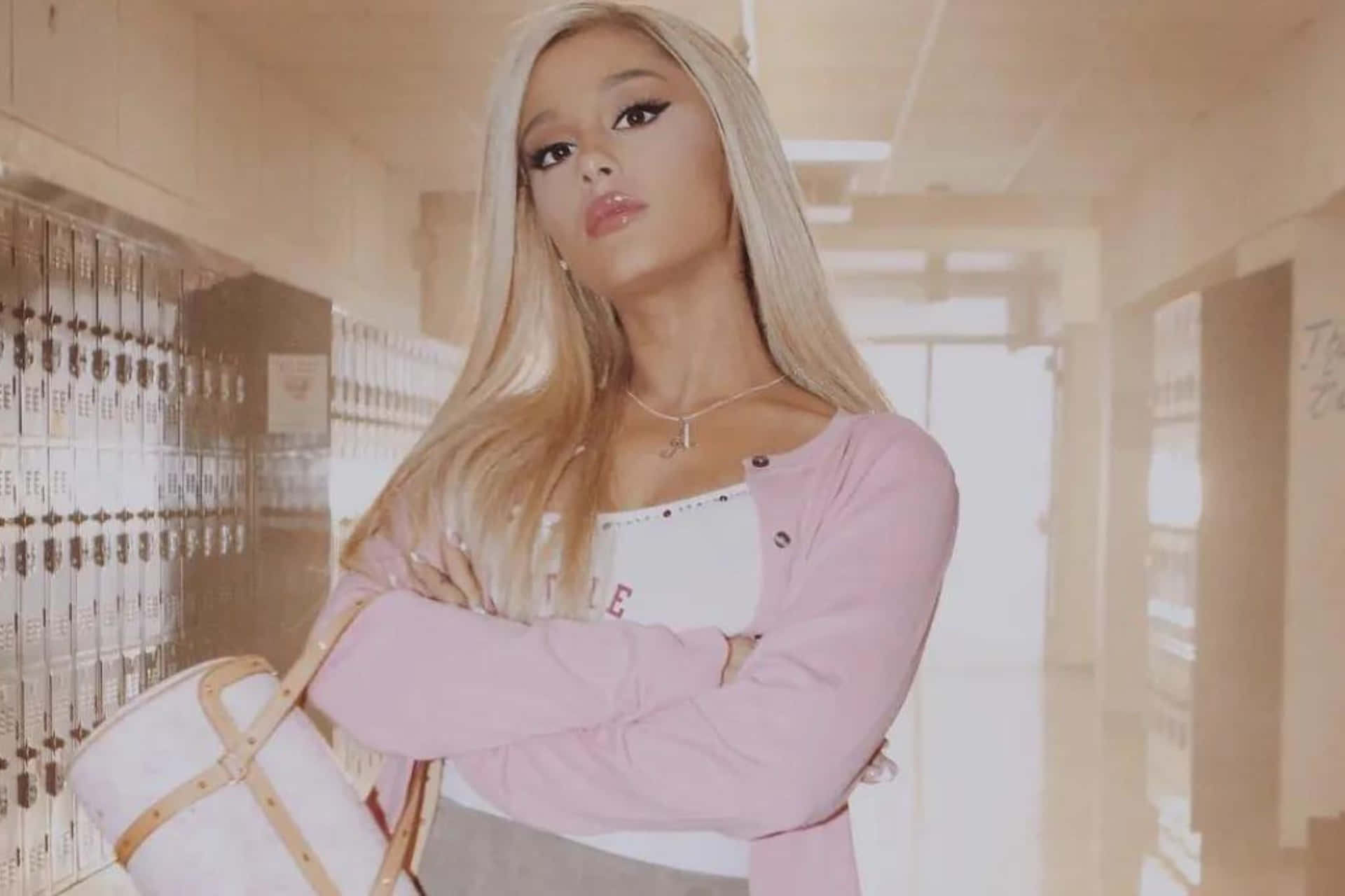 Ariana Grande Pink Outfit School Hallway Wallpaper
