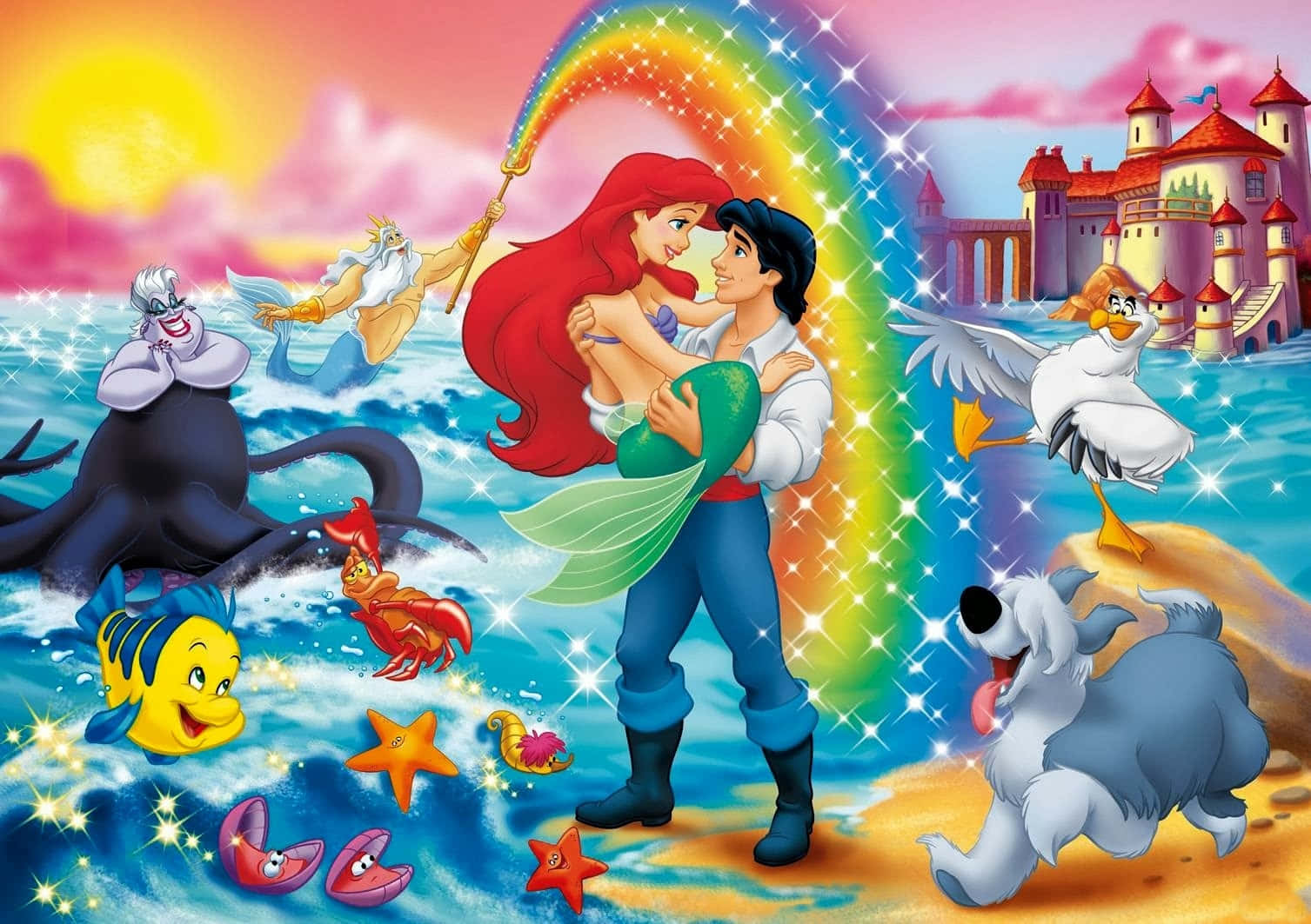 Ariel, the little mermaid, marveling at the world above the sea