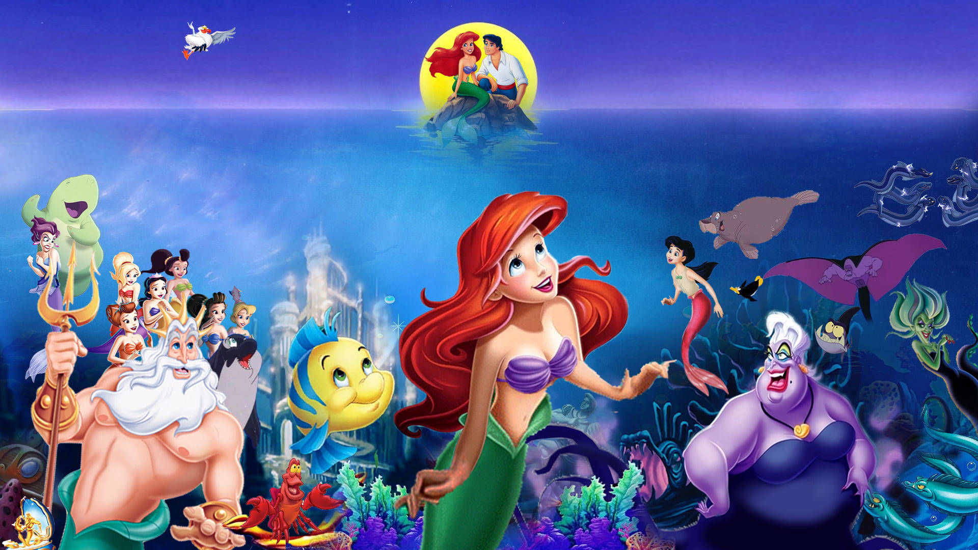 Caption: Disney's Ariel Poses with The Little Mermaid Movie Cast Wallpaper