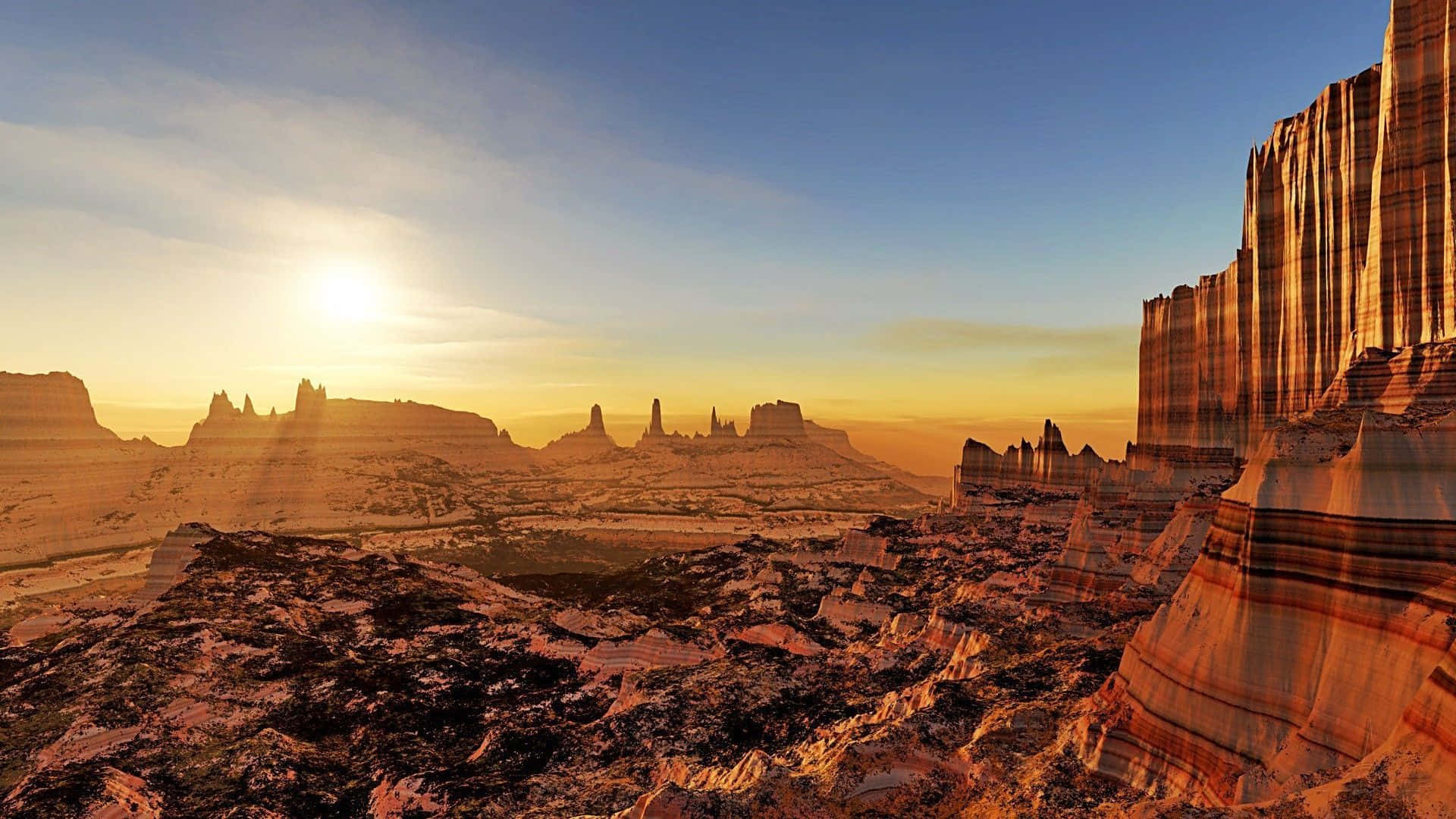 A Desert Landscape With A Sun Rising Over The Rocks