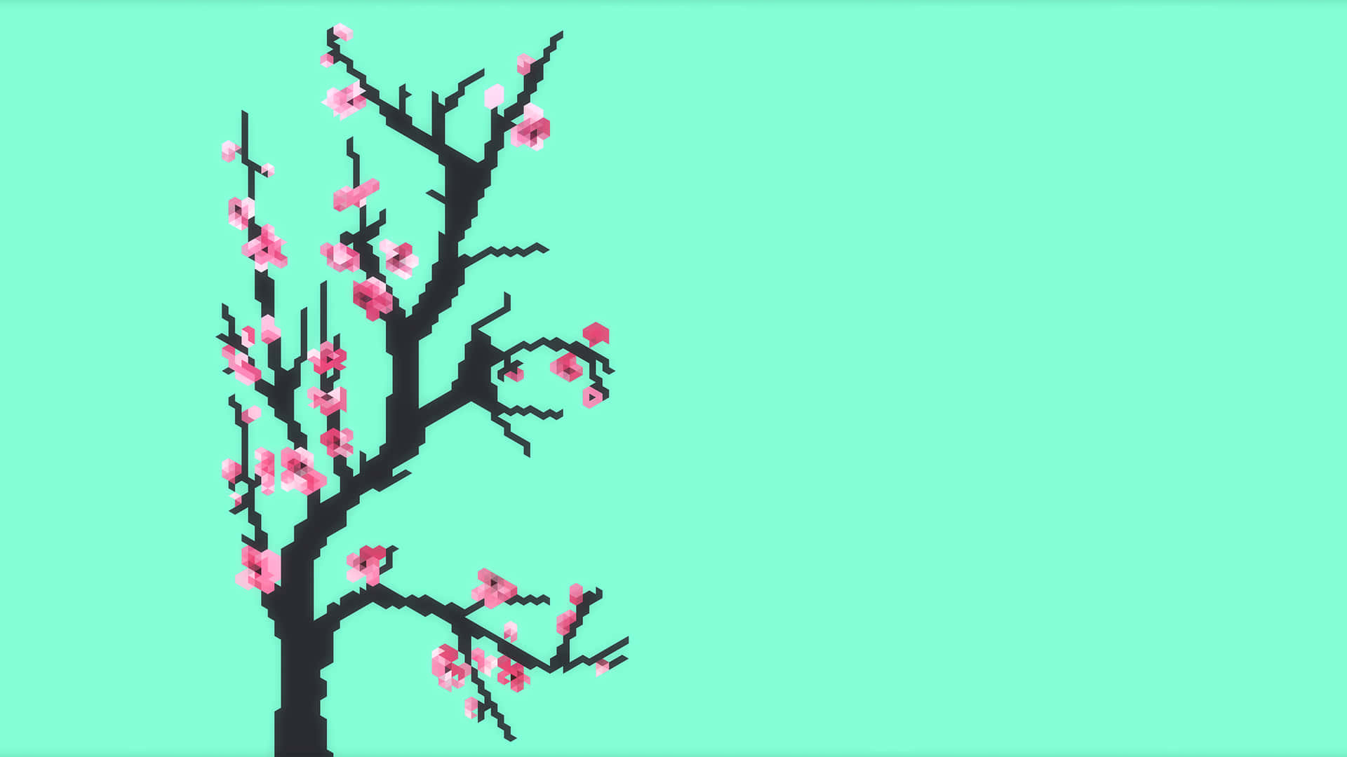 Et pixel-mønstret træ med pink blomster på en turkis baggrund. Wallpaper