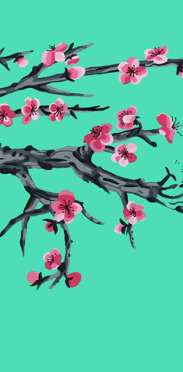 A Painting Of A Cherry Blossom Tree On A Turquoise Background Wallpaper
