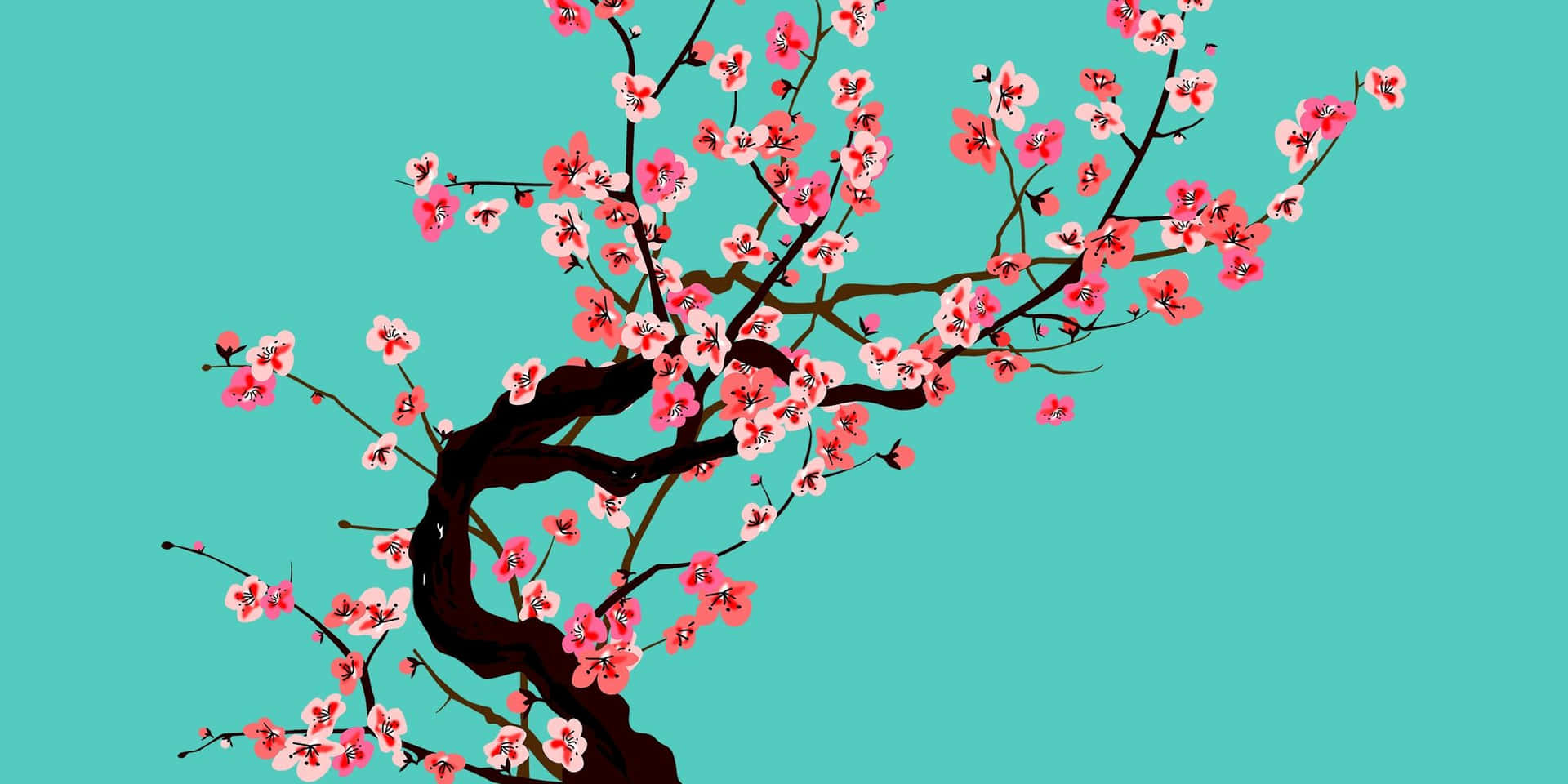 A Tree With Pink Flowers On A Blue Background Wallpaper