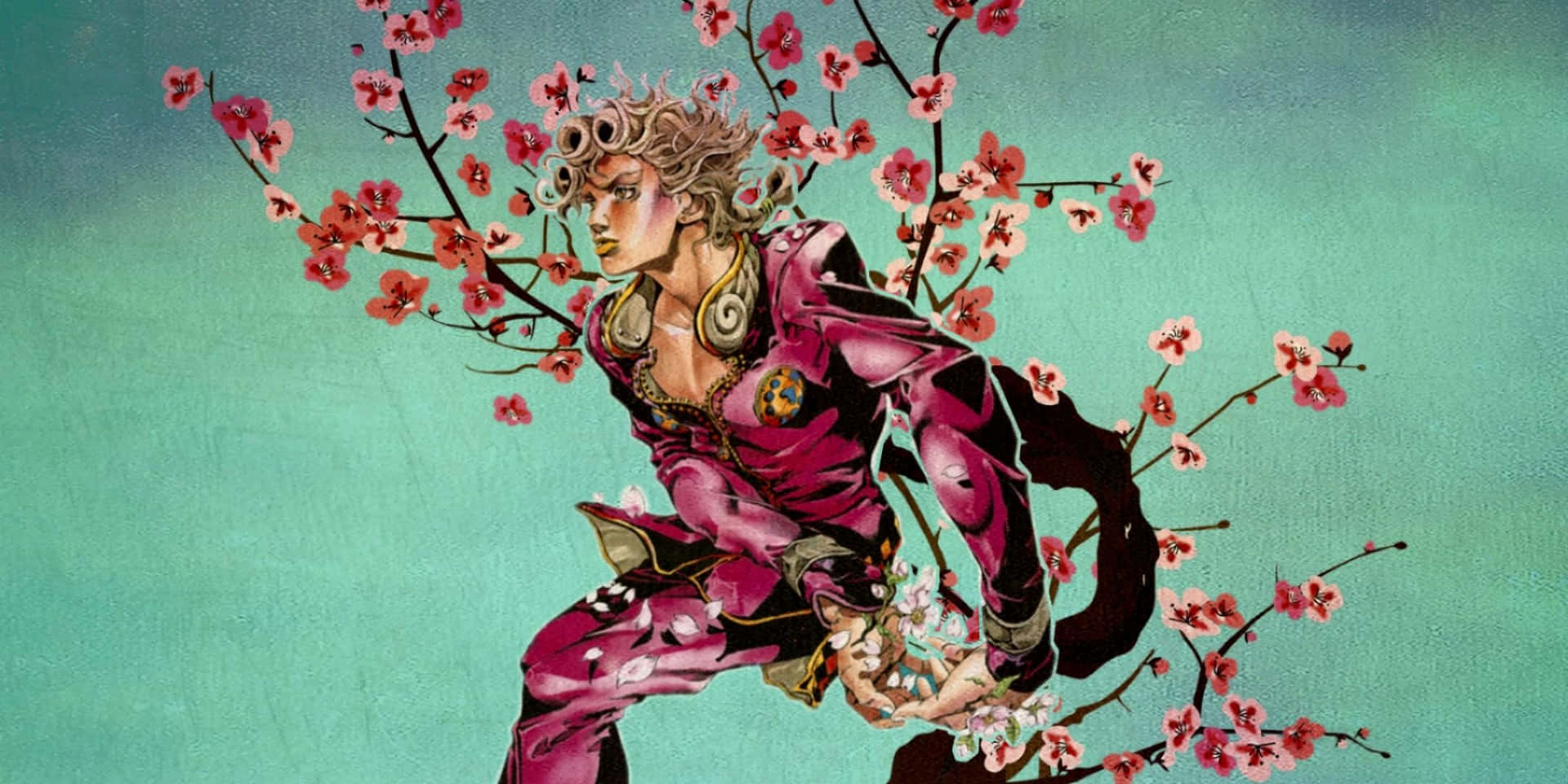 Unhombre De Color Rosa Sostiene Una Rama Con Flores. Fondo de pantalla