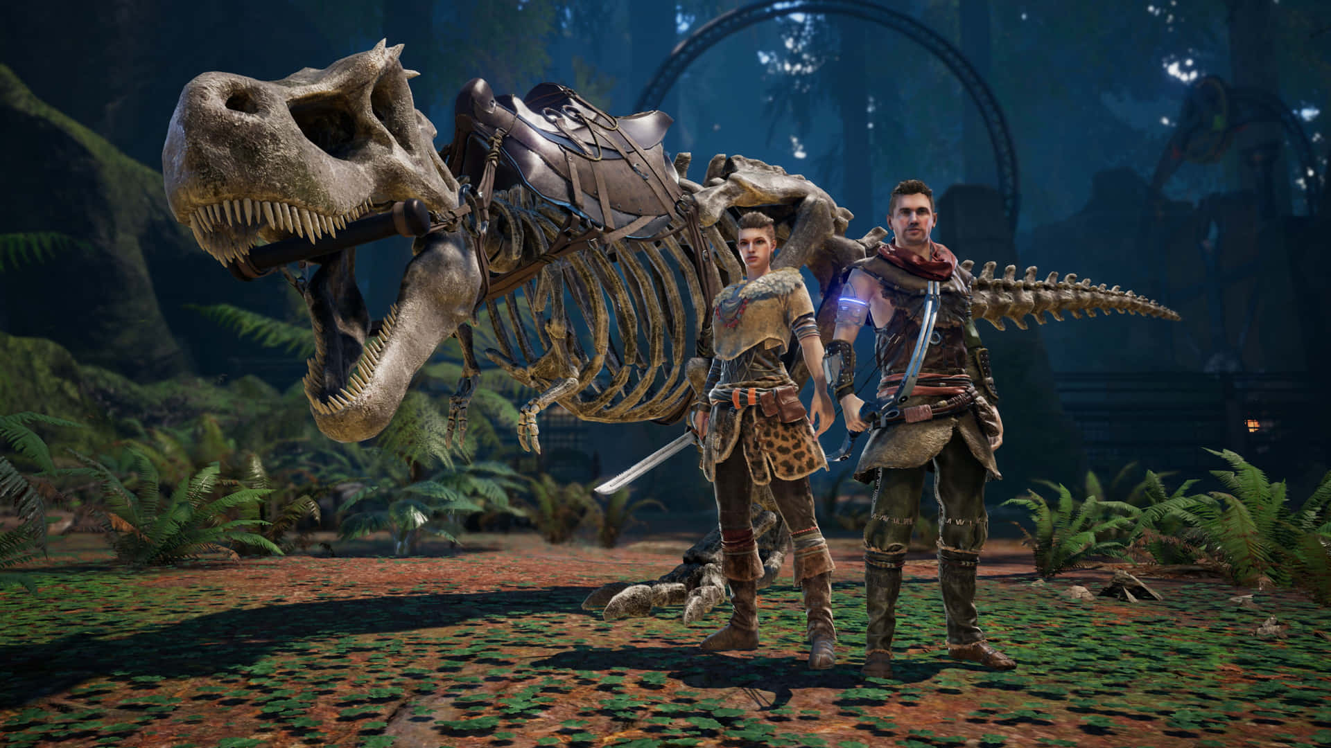A Woman And A Man Standing In Front Of A Dinosaur Skeleton Wallpaper
