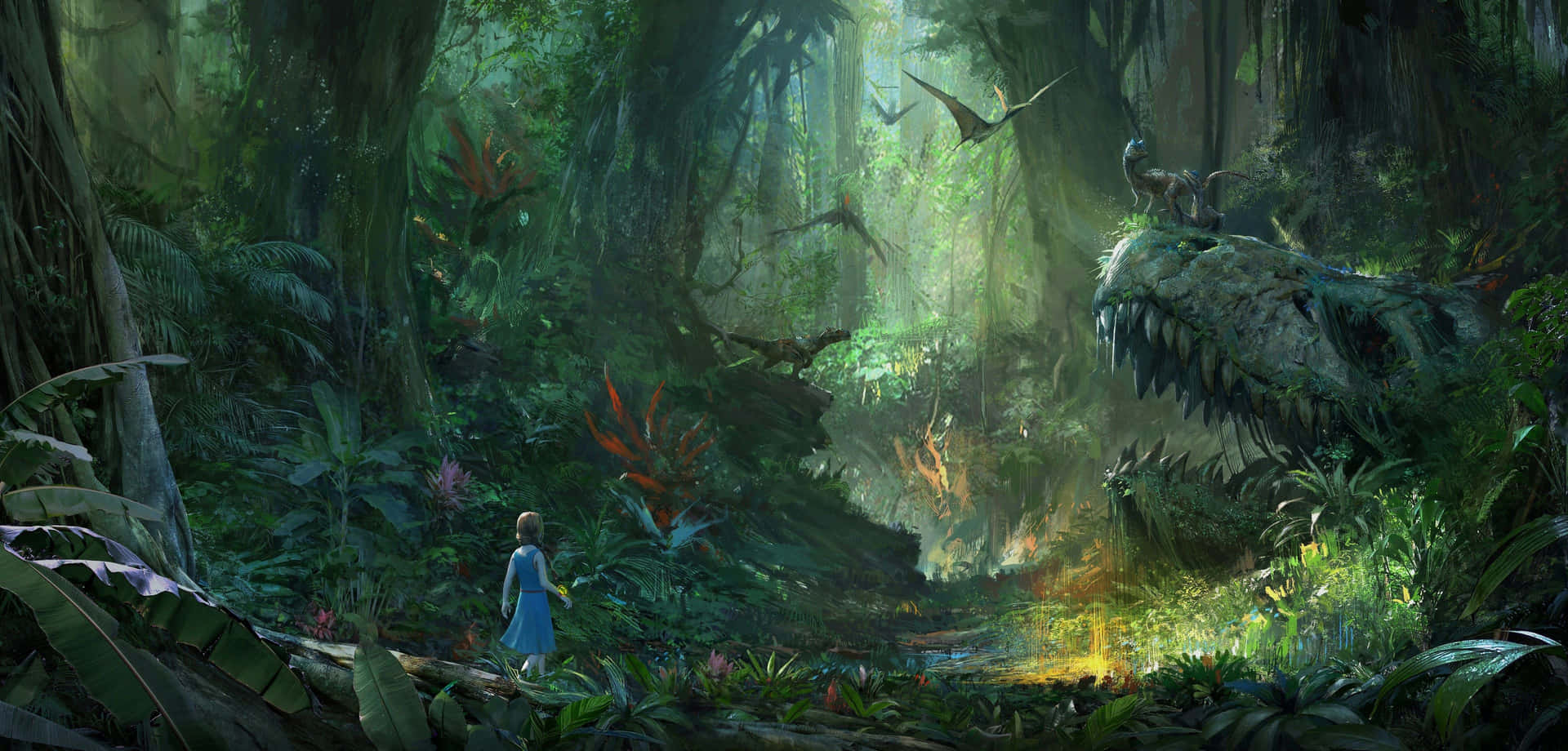 A Girl Is Walking Through A Jungle With Dinosaurs Wallpaper