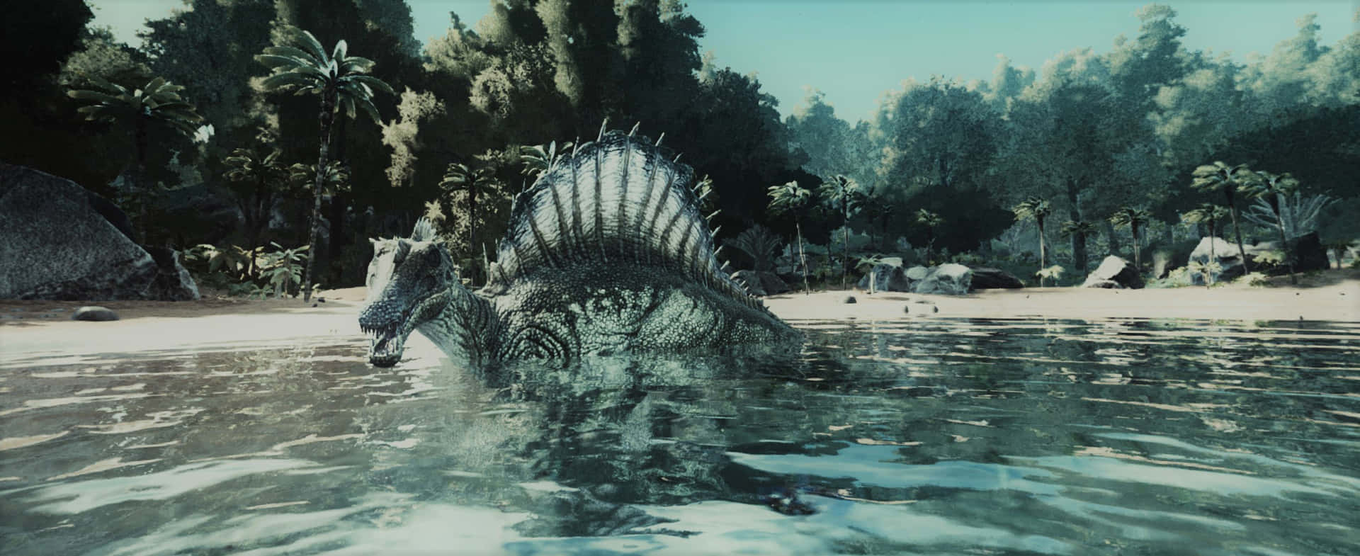 A Large Dinosaur Is Swimming In The Water Wallpaper