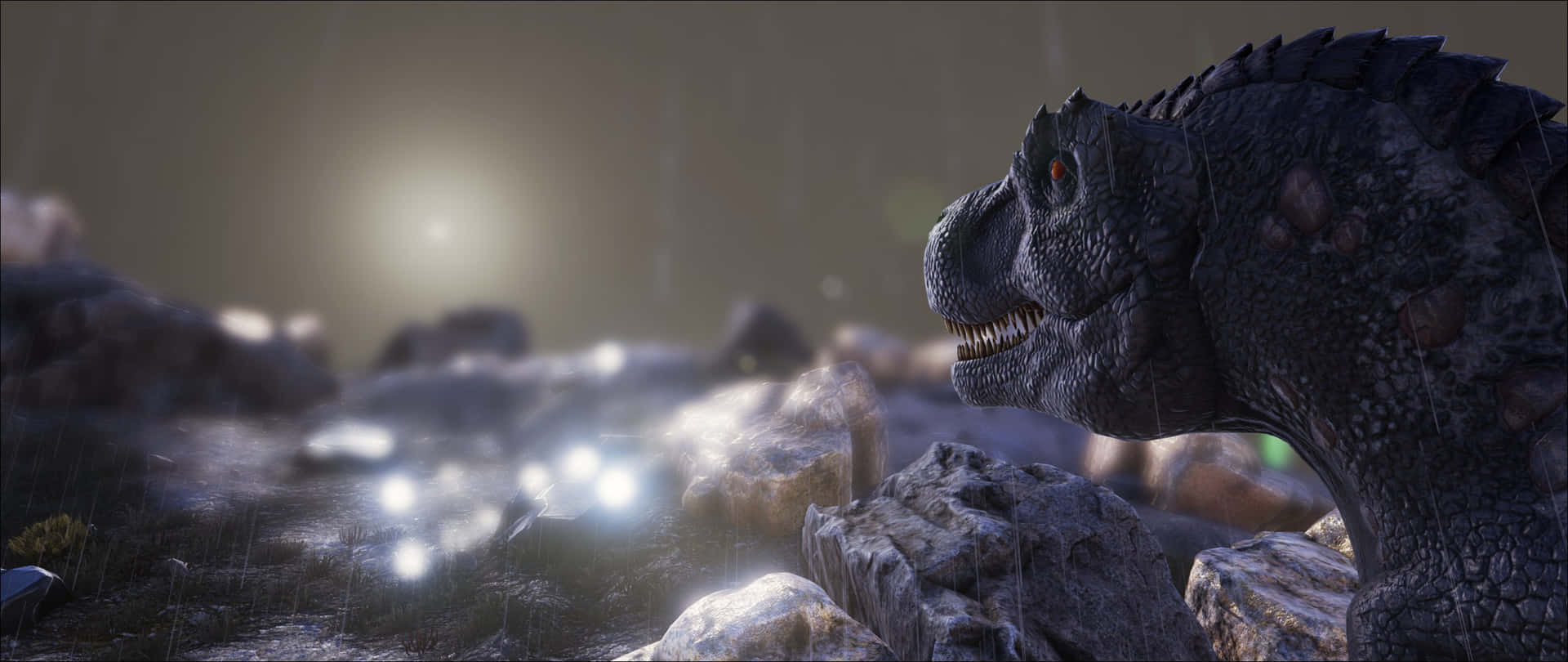 A Dinosaur Is Standing In The Middle Of A Rocky Area Wallpaper