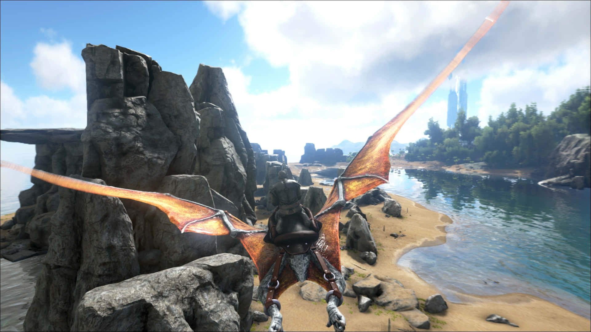 A Large Flying Dragon Is Flying Over A Rocky Area Wallpaper