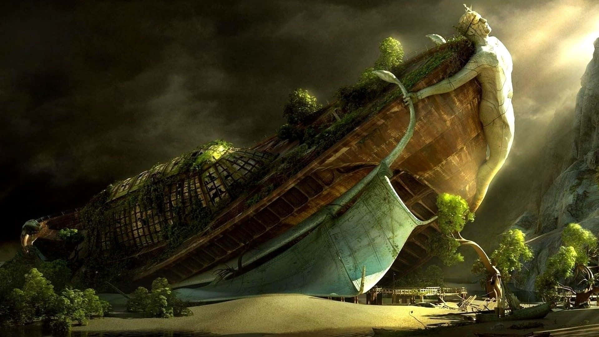 Et skib svæver i vandet med træer langs kysten Wallpaper