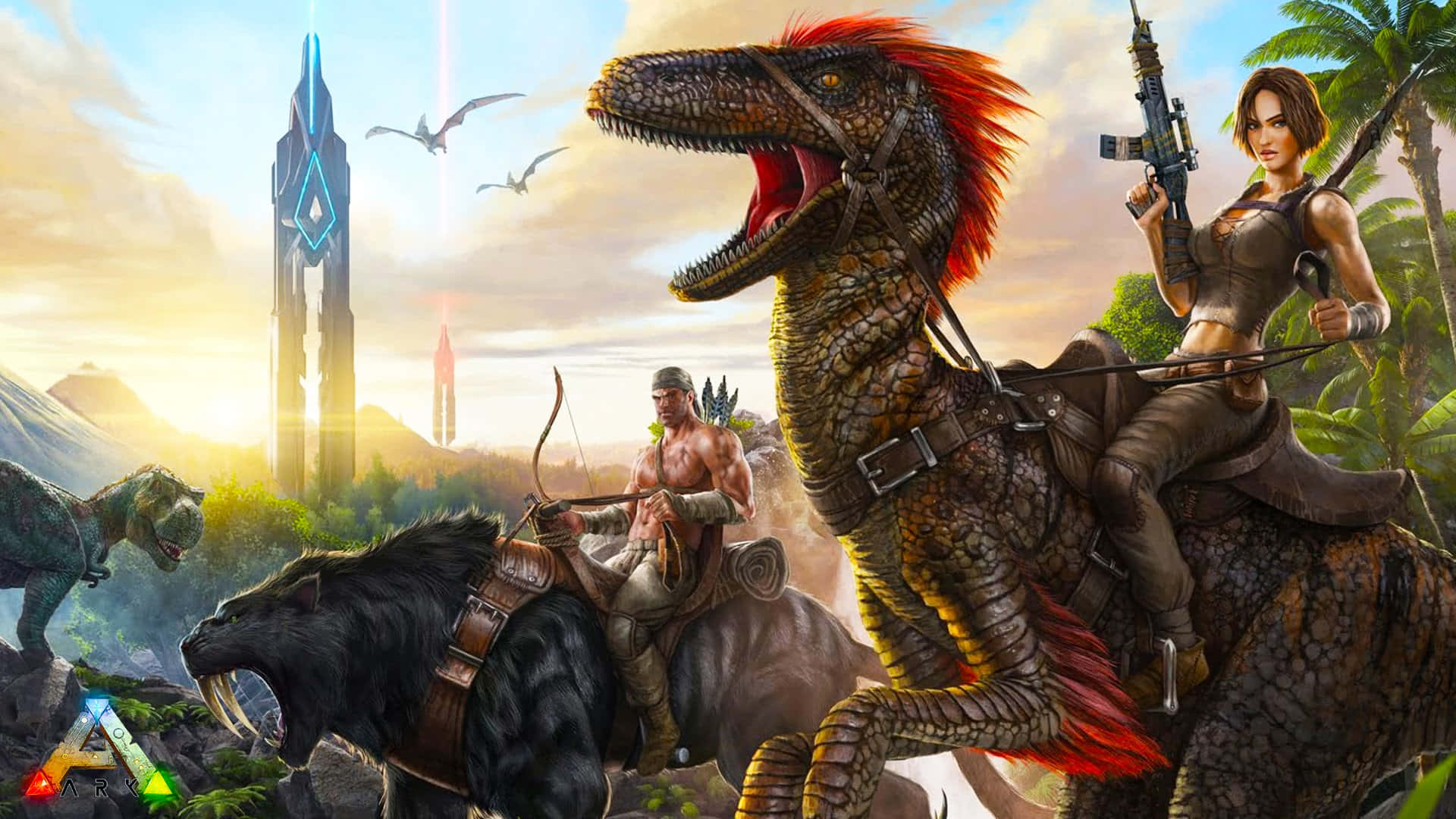 Einefrau Und Ein Mann Reiten Auf Dinosauriern In Einem Spiel. Wallpaper