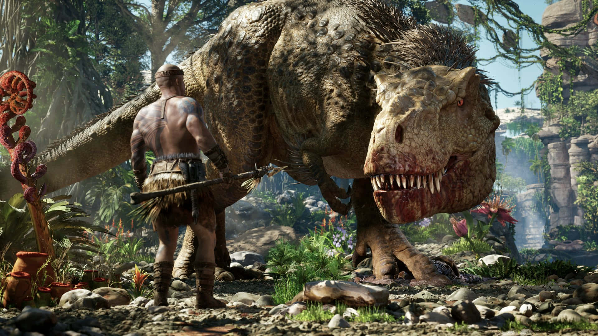 En mand står ved siden af ​​en dinosaur i en jungle Wallpaper