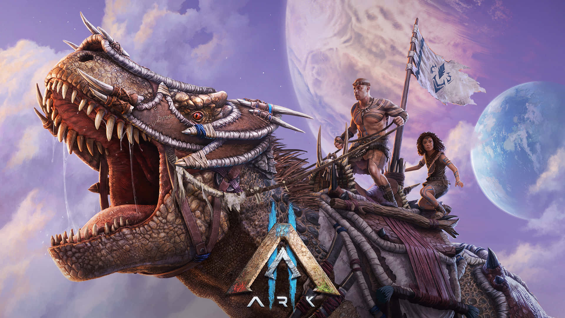 Ark III - en dinosaur og to mennesker, der rider på den Wallpaper